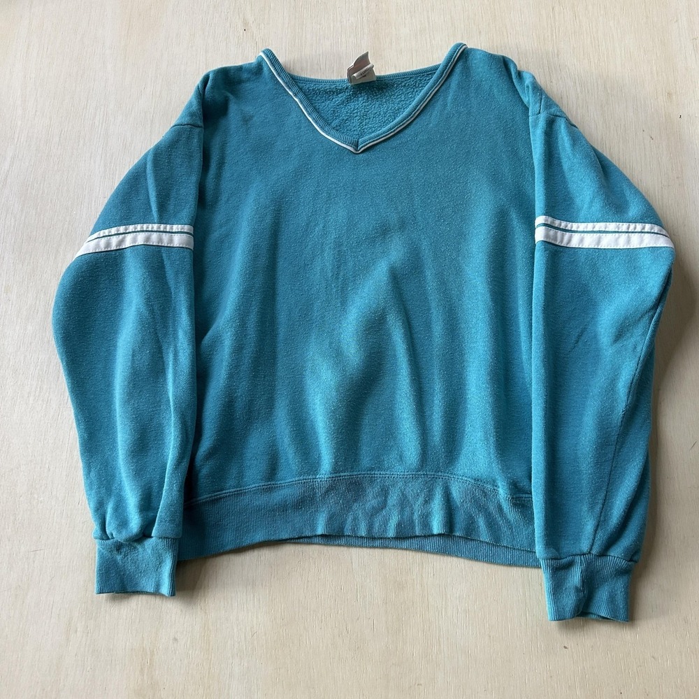 Vintage Bassett Walker Sweatshirt Womens XL Blue V-Neck Fleece Pullover Stripes